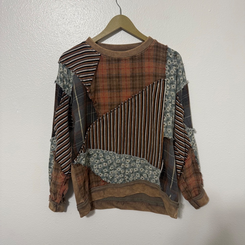 BKE Women's Small Brown Green Patchwork Floral Plaid Striped Top Boho Western